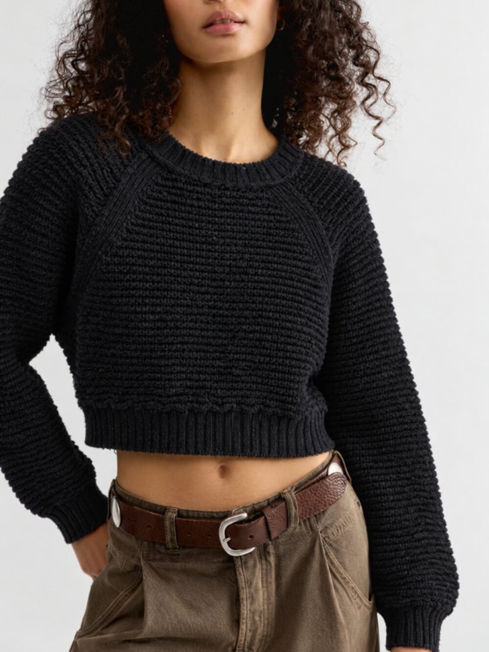 Free People Cropped Knit Sweater Black Size Large